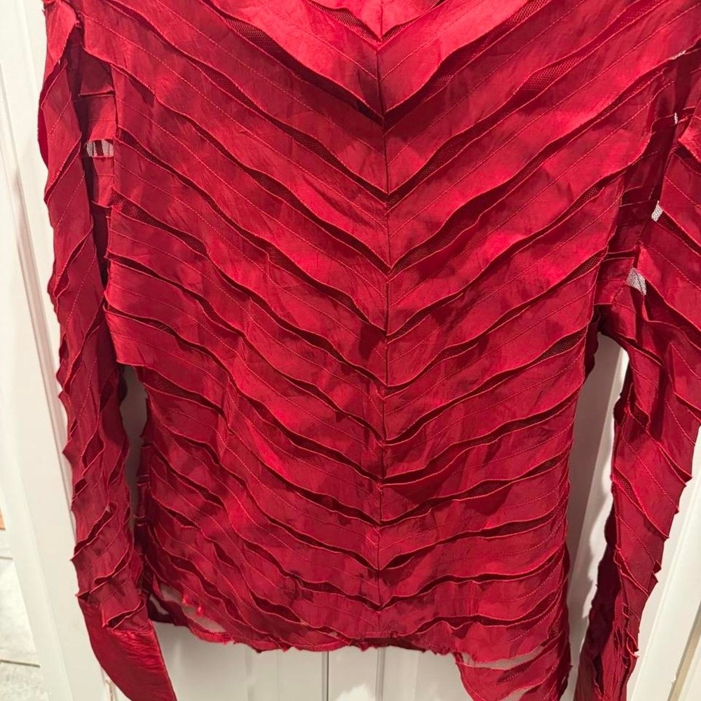 Red Ruffled Button up blouse with diagnonal pleats - Picture 3 of 3